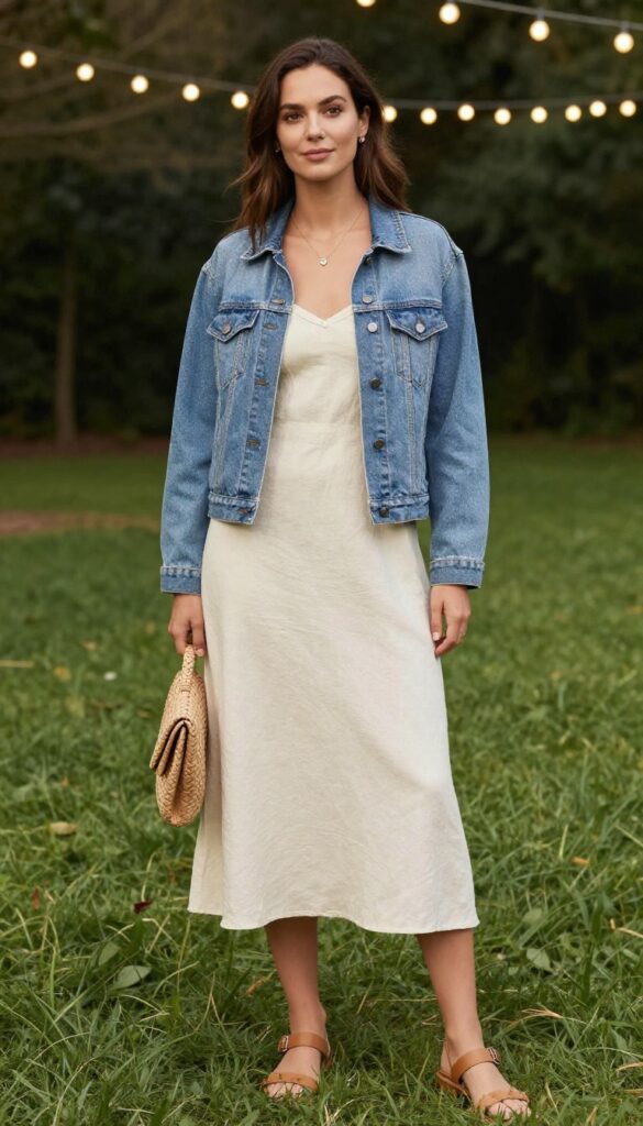 Woman in cream linen slip dress and cropped denim jacket standing in grassy field with string lights, smiling naturally.