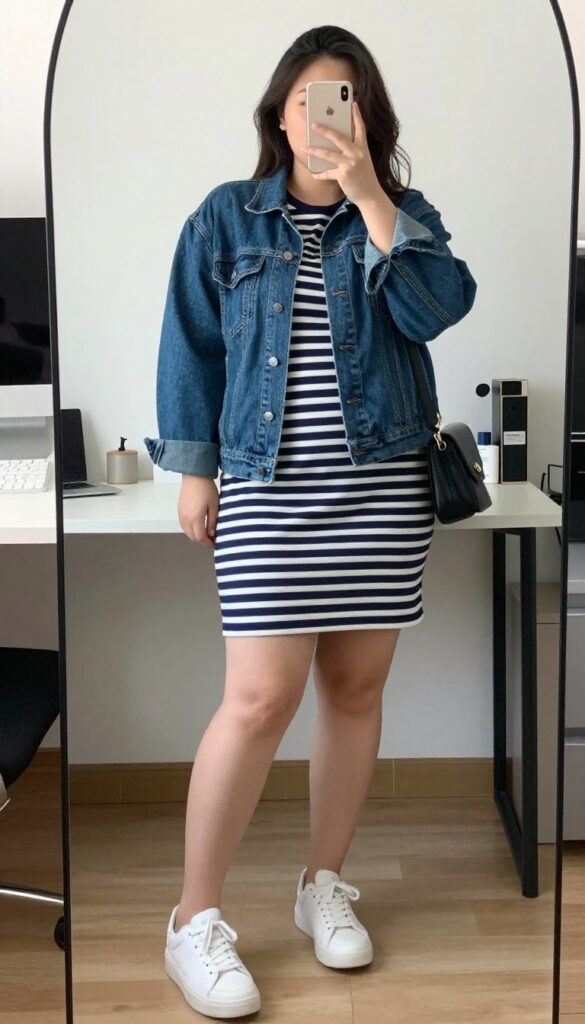 Plus size woman in navy striped midi dress, denim jacket, and white sneakers, taking a mirror selfie in bedroom, phone partially covering face.