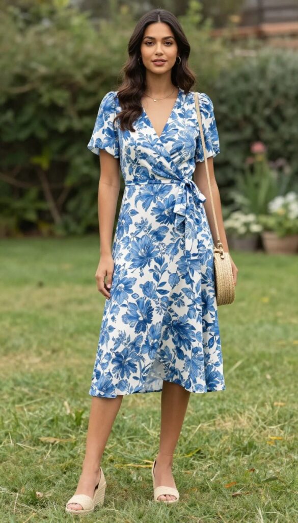 Woman in floral wrap dress and espadrille wedges at garden wedding