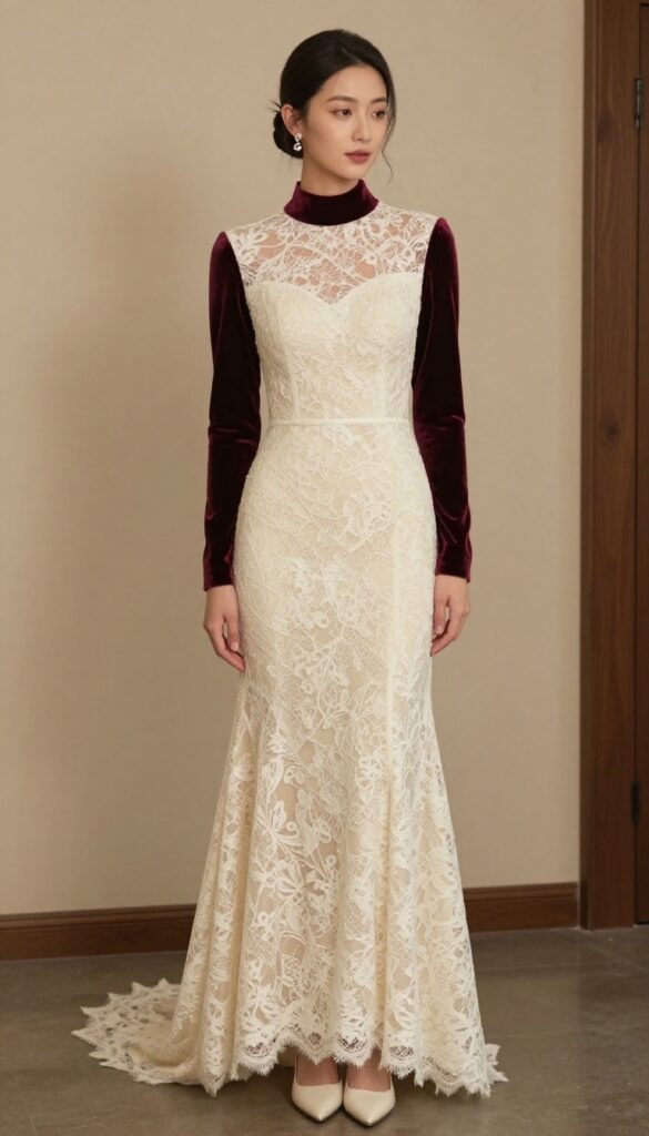 Woman in high-neck lace gown with velvet choker and drop earrings, standing in softly lit ballroom