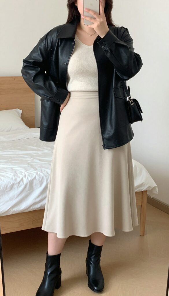 Woman in leather jacket, cashmere sweater, and A-line skirt for business casual coffee layers