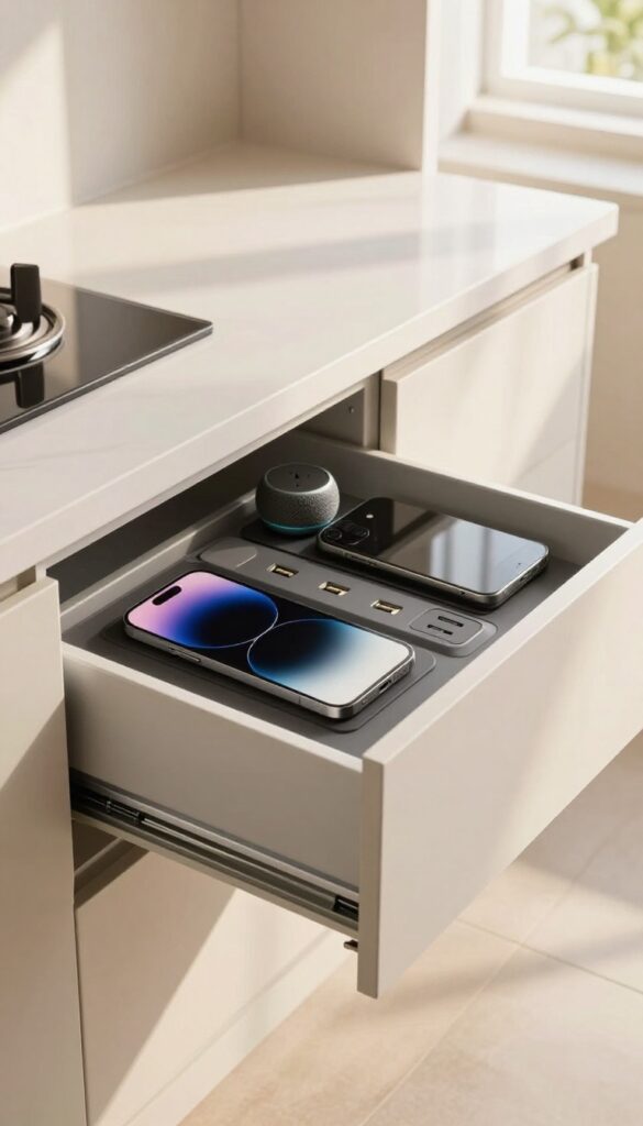 Open kitchen drawer with built-in outlets and dividers holding a phone, tablet, and smart speaker, with clear countertops and natural light.