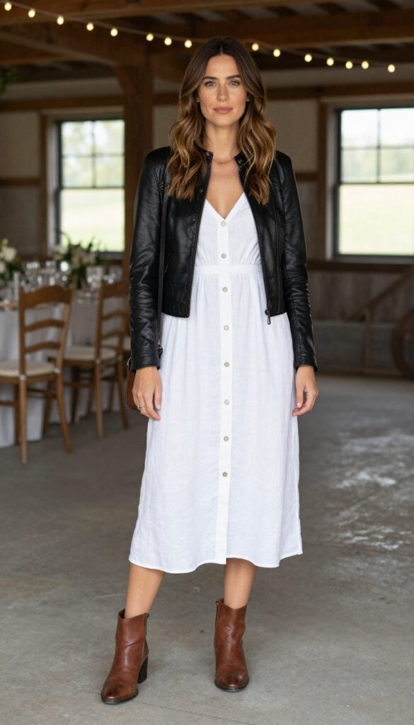 Woman in white button-front midi dress and black leather jacket standing outside at rustic barn wedding venue with string lights, natural smile, soft lighting.