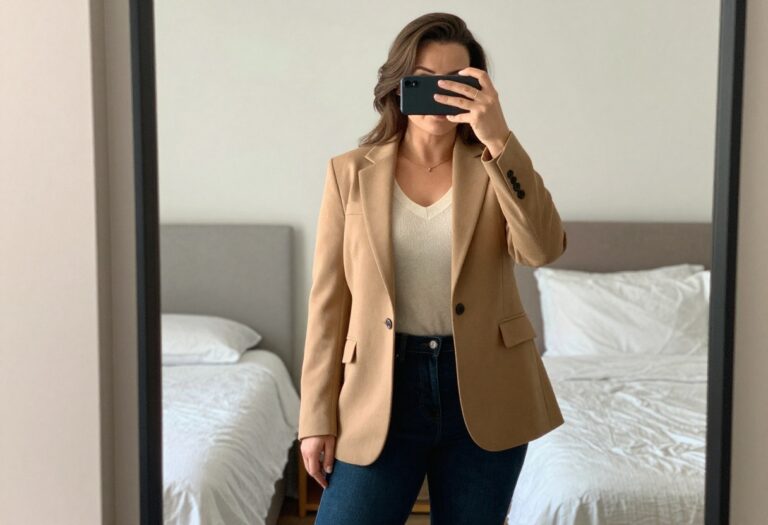 Woman in camel blazer and cream knit taking a mirror selfie in bedroom