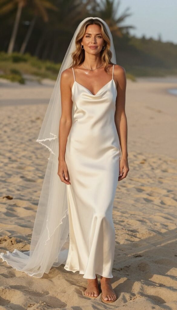 Young woman in ivory silk slip dress and raw-edge veil on beach at sunset, boho wedding outfit