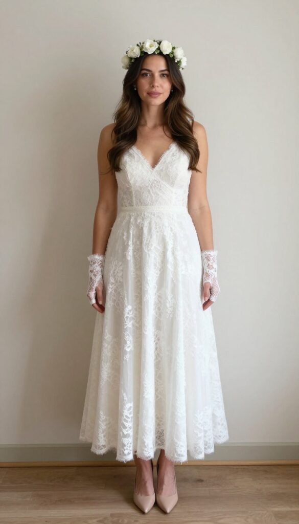 Adult woman in white lace A-line dress with fingerless lace gloves, flower crown, and pearl earrings, standing in a sunlit barn with hay bales and string lights, natural makeup, soft smile.