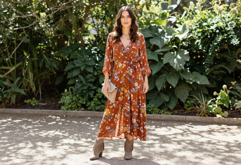 Woman in floral maxi dress and suede fringe boots for boho wedding guest outfit