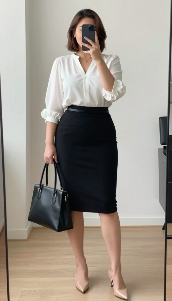 Plus-size woman in a black pencil skirt and white structured blouse, taking a mirror selfie in a bright office setting.