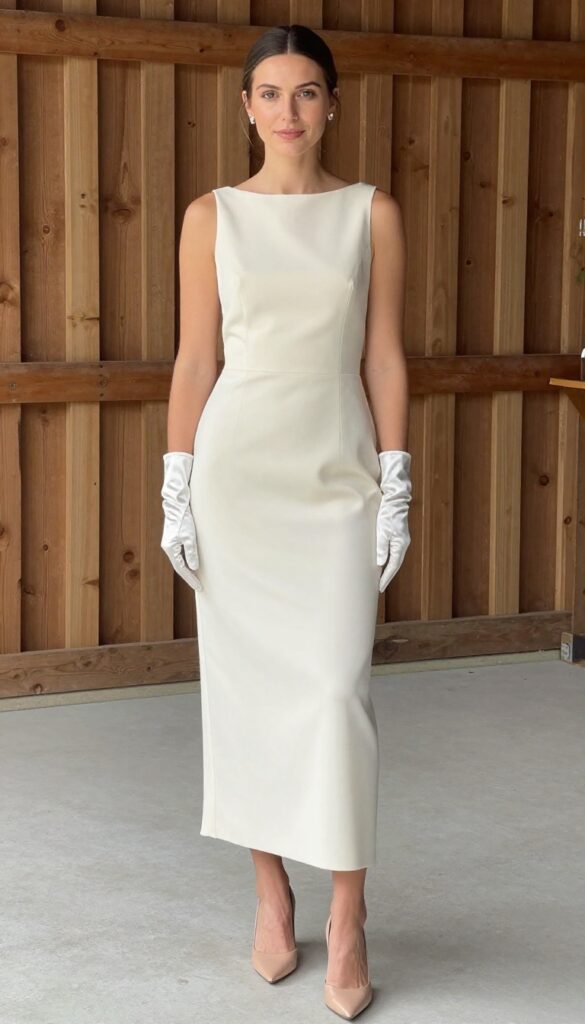 Woman in minimalist crepe wedding dress with short satin gloves, standing in airy barn with wooden beams and soft natural light, wearing nude heels and simple stud earrings, hair in low bun, rustic yet elegant setting.