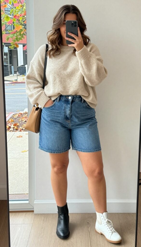 Plus-size woman in denim shorts and a lightweight cream sweater with a front tuck, black ankle boots, and a crossbody bag, taking a mirror selfie in a bright room.