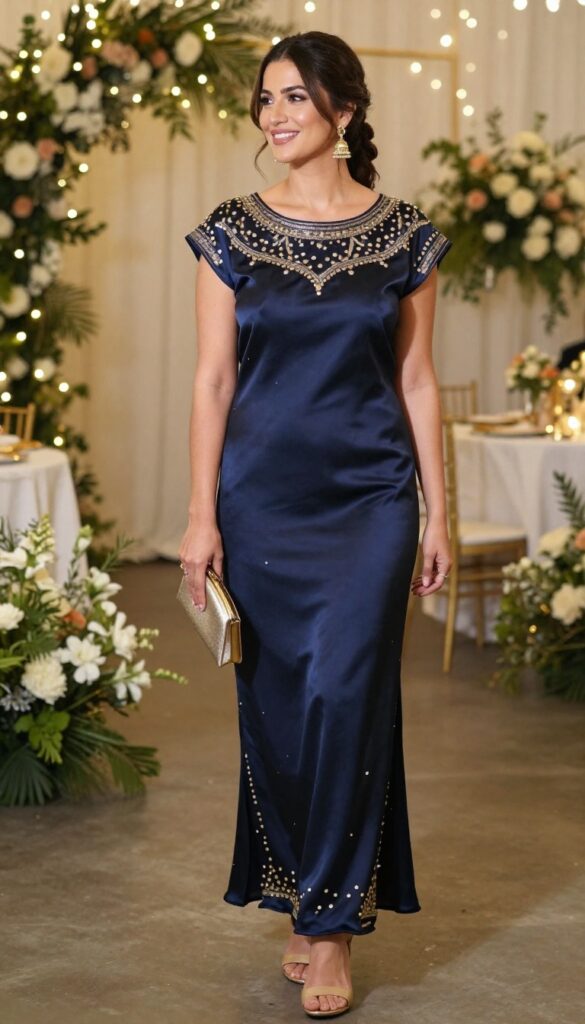 Woman in embroidered silk maxi dress with gold jhumkas and block heels at wedding reception