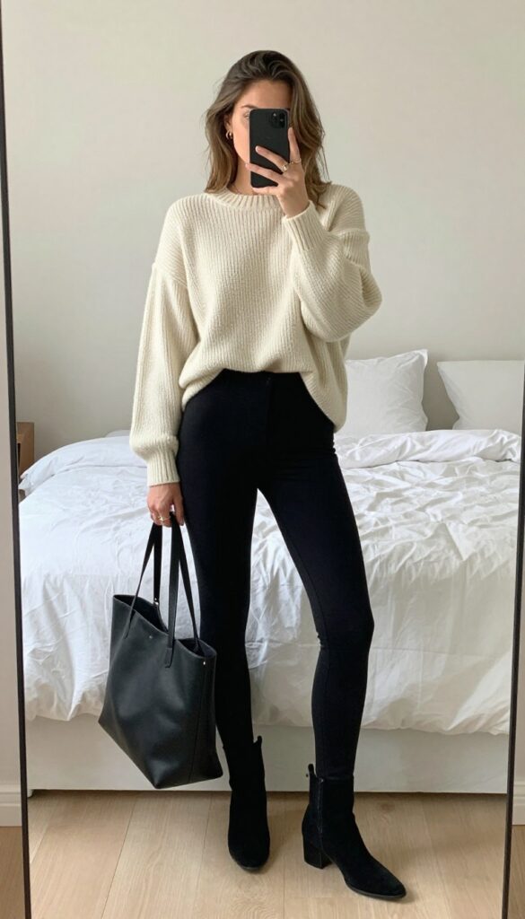 Woman in oversized cream sweater and black leggings taking a mirror selfie, messy bun, ankle boots, tote bag, cozy boho mom outfit.