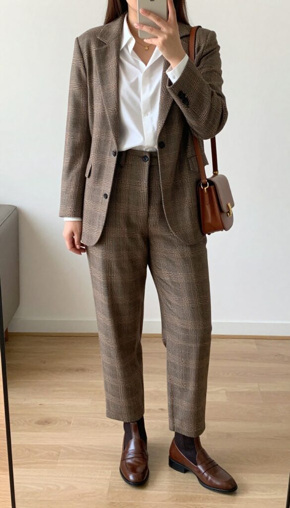 Woman in brown plaid blazer, olive chinos, and white blouse taking a mirror selfie in bedroom.