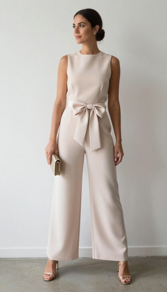 Woman in high-neck crepe jumpsuit with oversized satin bow at waist, wide legs, strappy gold heels, small clutch, low bun, standing in bright event space
