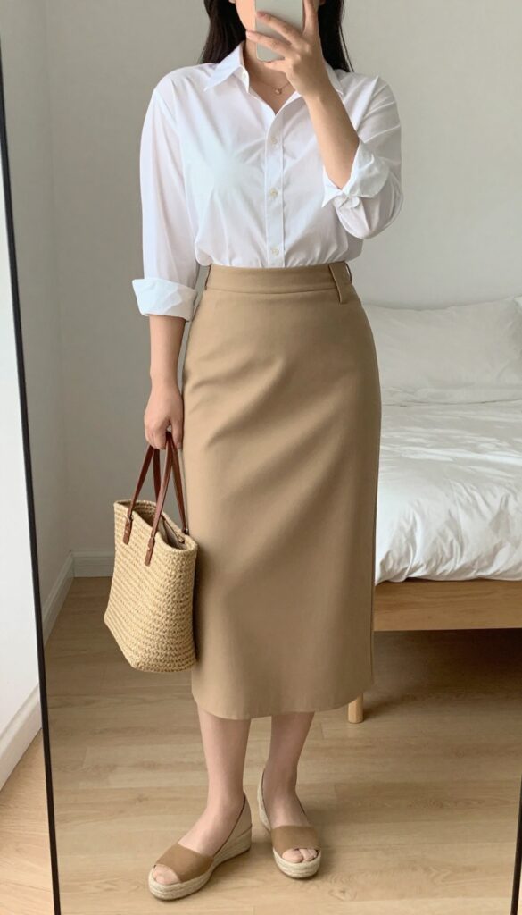 A woman in a camel wrap skirt and white button-down shirt, wearing espadrille wedges and carrying a woven tote bag, standing in a bright office or outdoor setting.