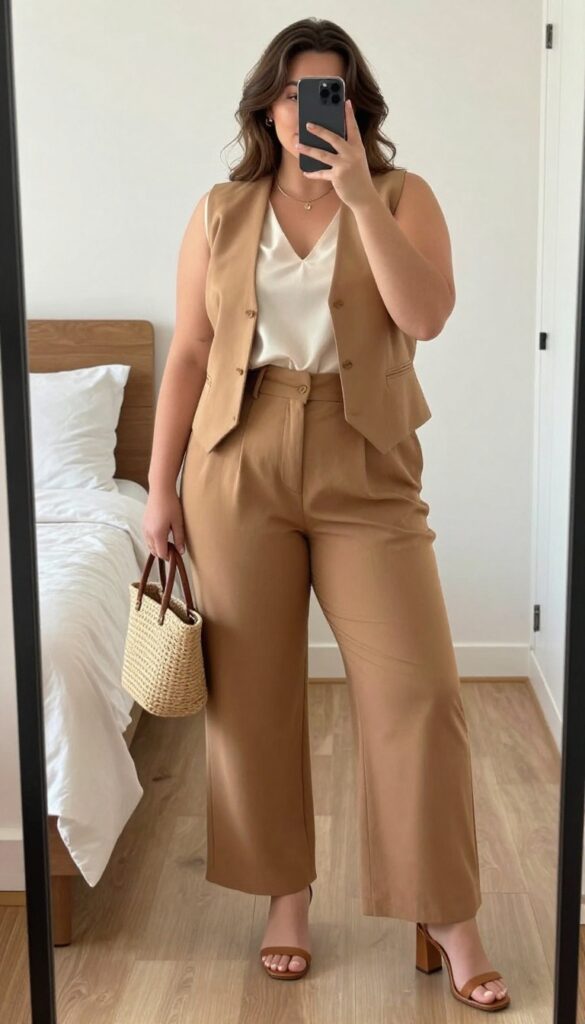 Model in tan vest, flowy blouse, and wide-leg trousers with heeled sandals and woven bag, standing in a bright room.