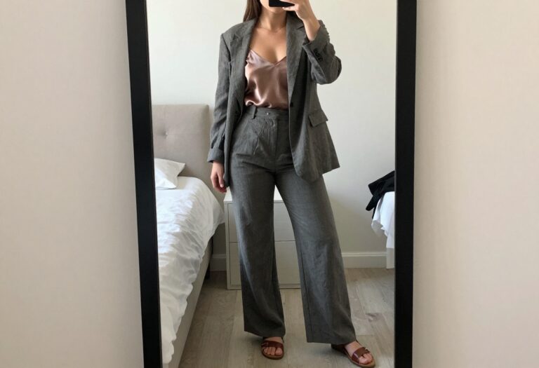 Woman taking a mirror selfie in a bedroom wearing a summer business casual outfit with linen blazer, silk camisole, and wide-leg trousers.