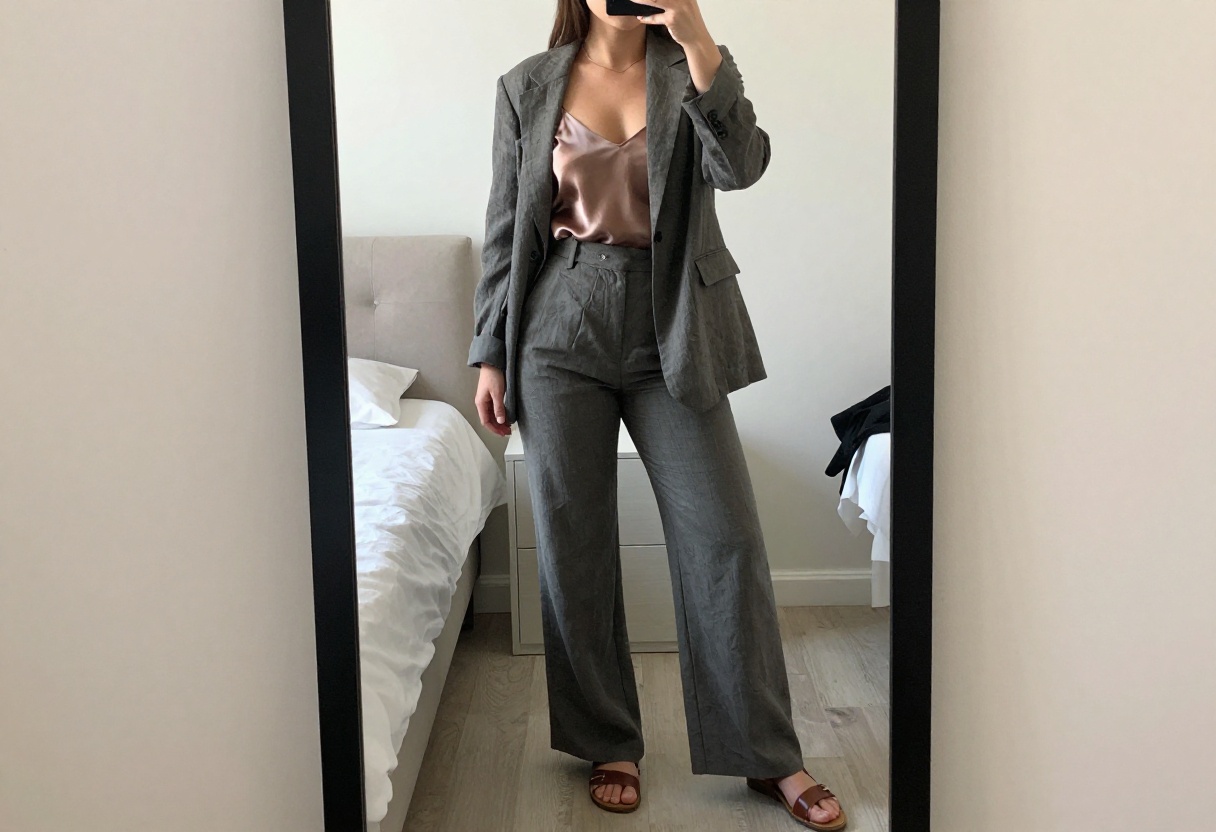 Woman taking a mirror selfie in a bedroom wearing a summer business casual outfit with linen blazer, silk camisole, and wide-leg trousers.