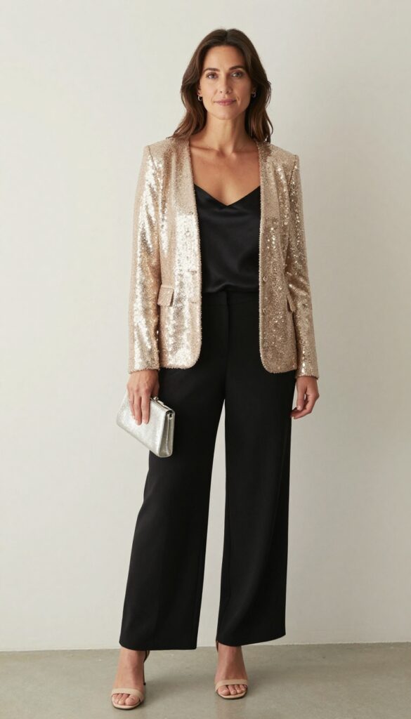 Woman in champagne sequin blazer and black wide-leg trousers at evening wedding reception