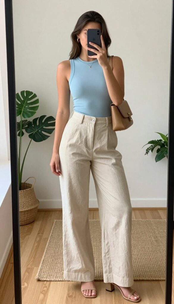 Woman in wide-leg linen pants and sleeveless top taking a mirror selfie for a summer brunch outfit idea.