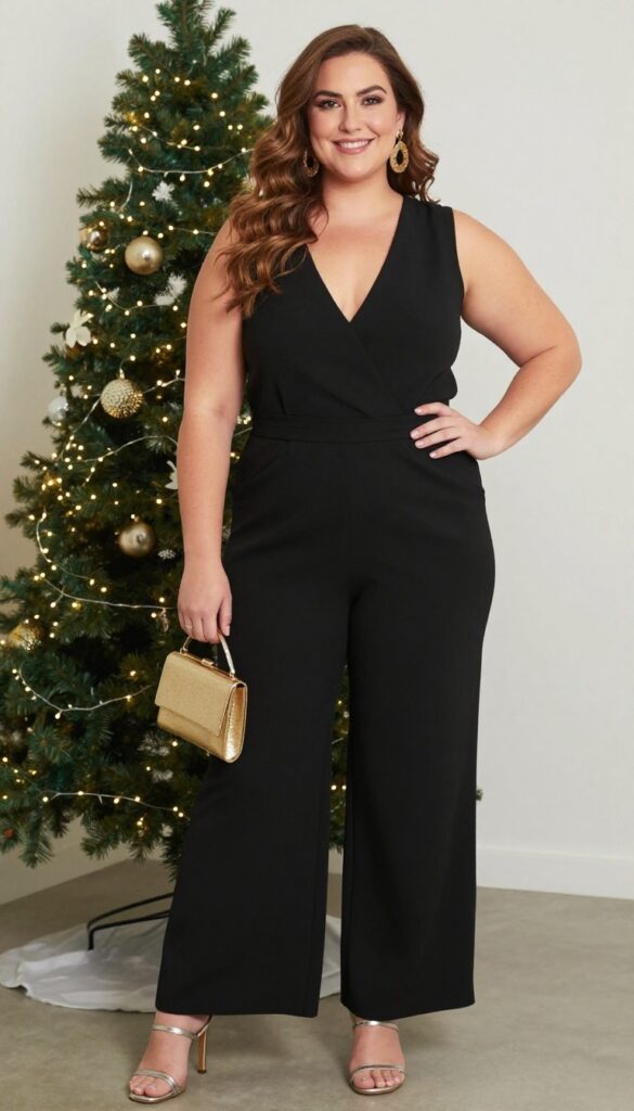 Plus-size woman in black wide-leg jumpsuit with statement earrings at evening wedding reception