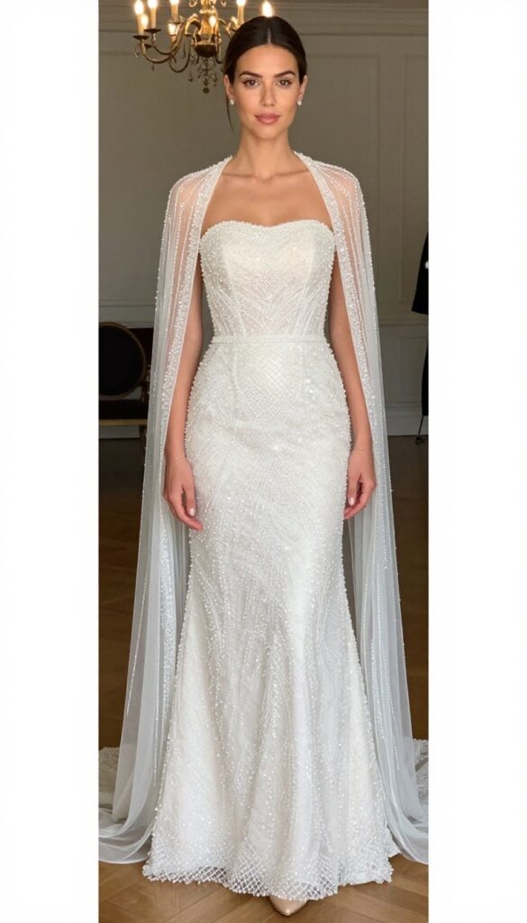 Woman in beaded strapless wedding gown with sheer embellished cape, standing in ballroom with chandeliers