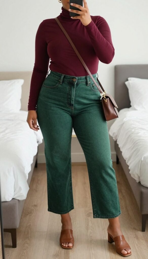 Woman in cropped wide-leg jeans and turtleneck with mules, structured bag, and gold earrings, polished business casual outfit.