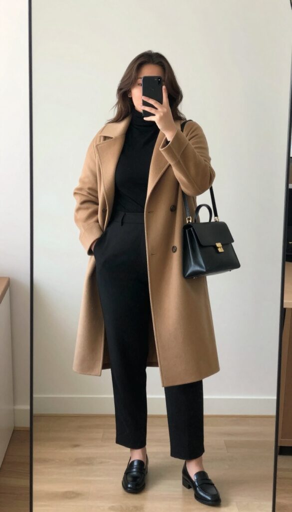 Wide-leg trousers with fitted turtleneck and camel coat for black business casual