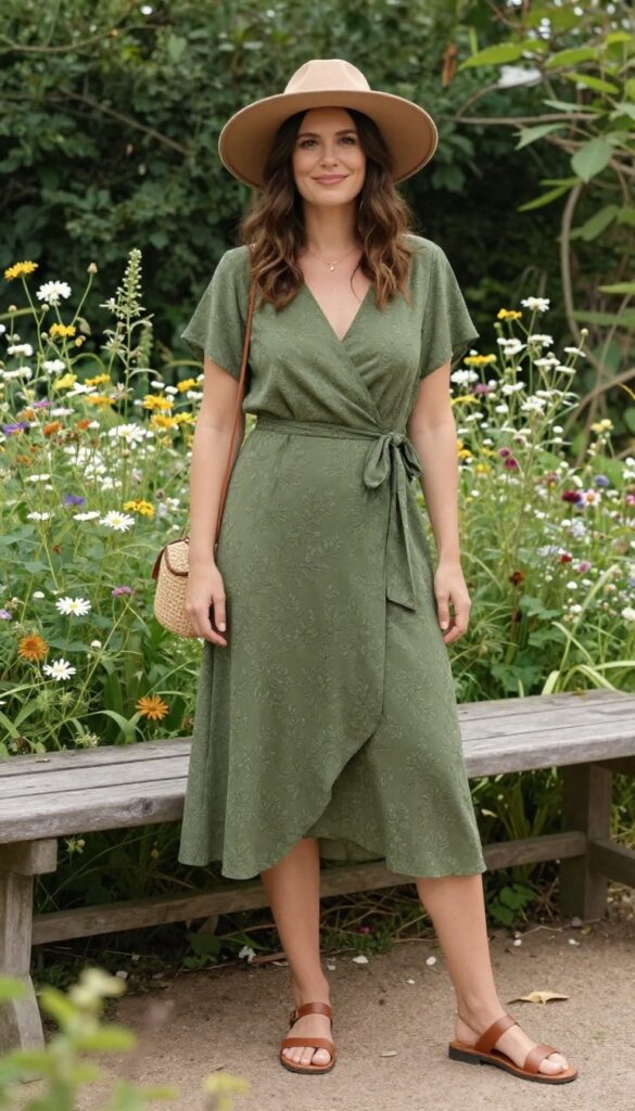Woman in olive green floral wrap dress with wide-brim hat and sandals in garden