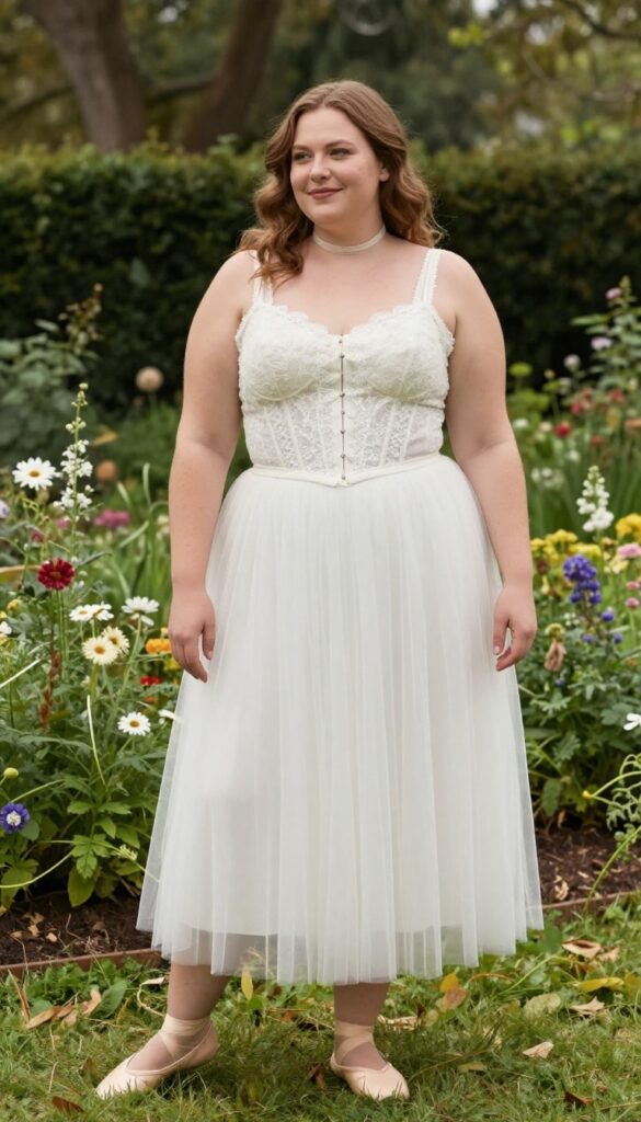 Plus-size woman in white lace corset top and tulle skirt in garden