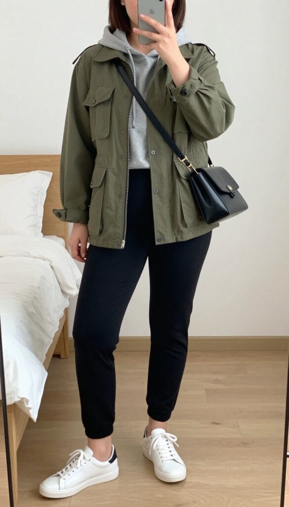 Woman in utility jacket, hoodie, joggers, and white sneakers taking a mirror selfie in a bedroom