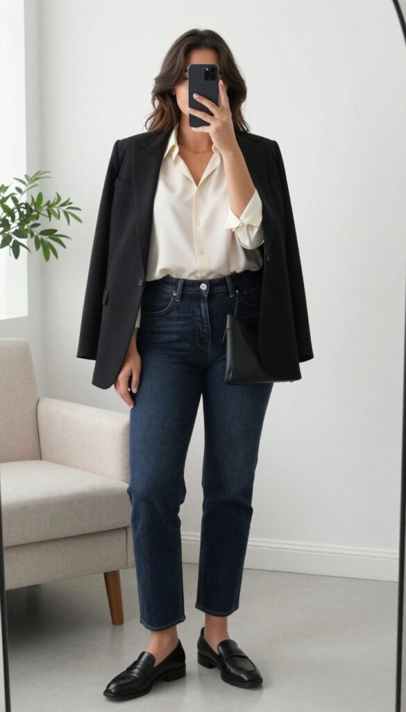 Plus-size woman in dark-wash straight-leg jeans, cream blouse, and black longline blazer, posing in a mirror selfie in a bright, minimal room.