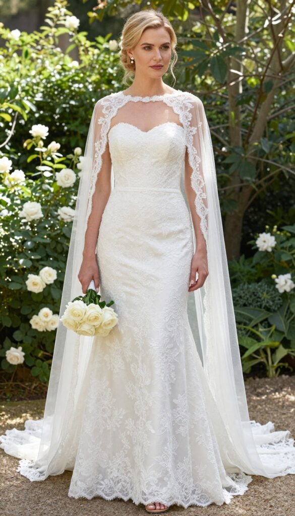 Strapless white lace wedding gown with lace-trimmed tulle cape, pearl studs, white rose bouquet, in a sunlit garden