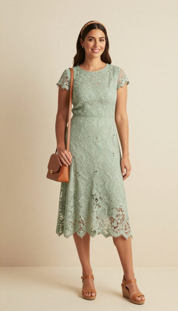 Young adult woman with long brown hair wearing a sage green lace A-line dress and tan wedge sandals, standing on a grassy lawn at a garden wedding, smiling naturally in soft afternoon sunlight.