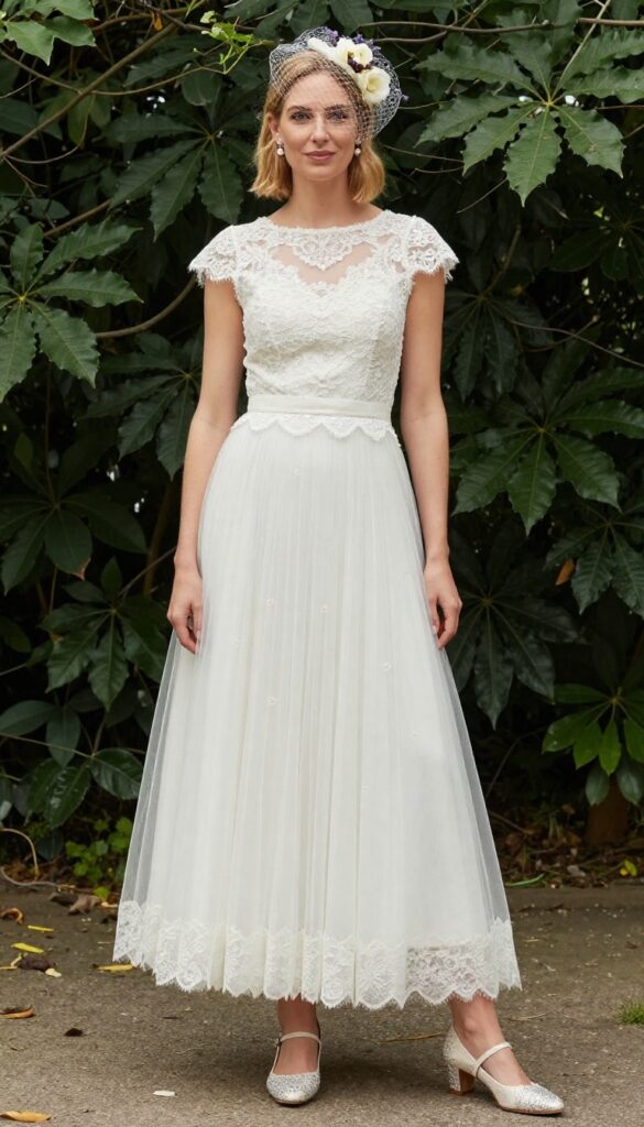 Vintage-inspired tea-length wedding dress with detachable tulle overskirt, lace bodice, scalloped hem, garden setting, bouquet of white roses and lavender, birdcage veil, pearl earrings, clutch, block-heel Mary Janes.