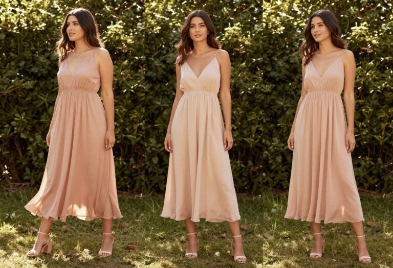 Woman in flowy blush maxi dress for pre-wedding shoot in garden