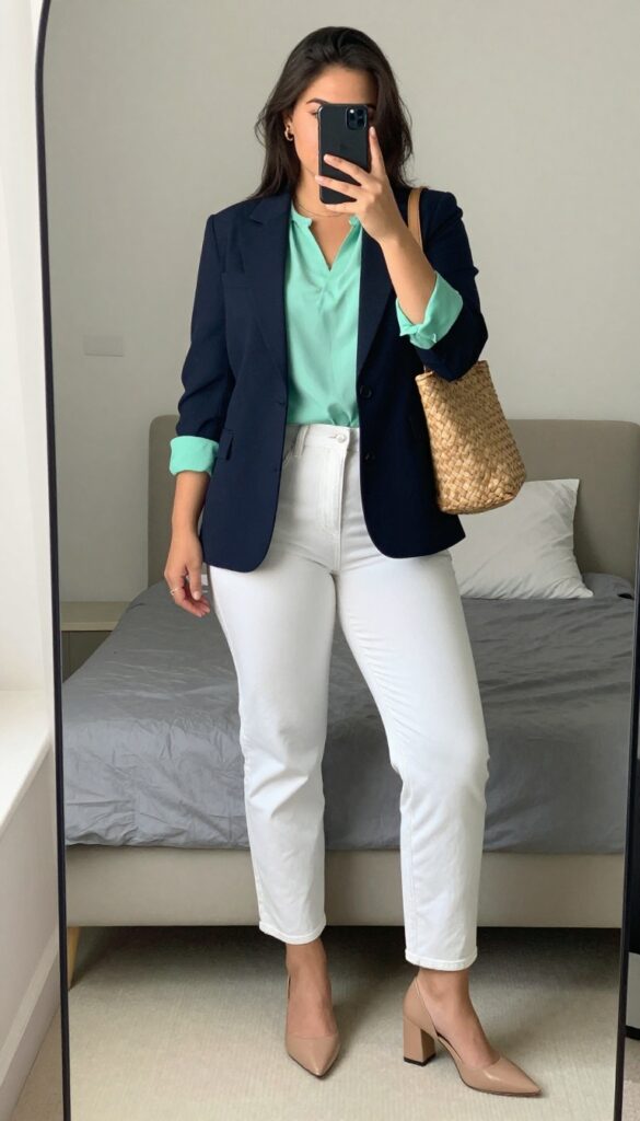 Mint green blouse with navy blazer and white jeans, nude heels, woven bag, gold accessories.
