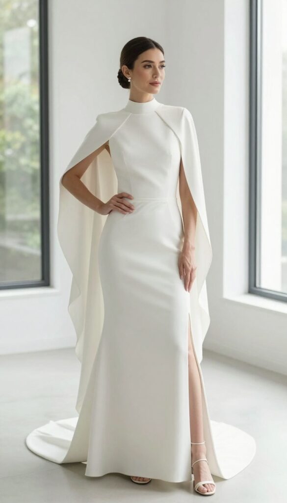 A modern bride in a sculptural minimalist wedding dress with capelet, standing in a bright room with natural light.