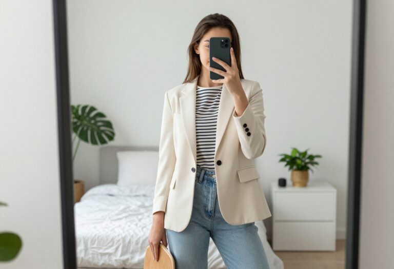 Teenage girl in cream blazer and striped tee taking a mirror selfie with a tan soft board in a bright bedroom