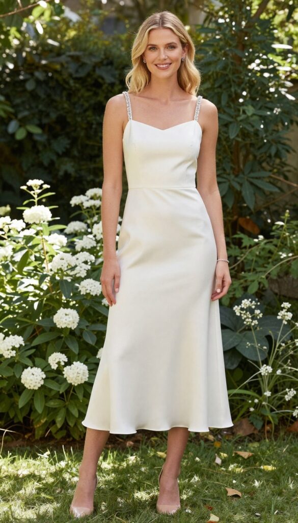 Pearl wedding dress with crystal embellished shoulder straps in garden setting