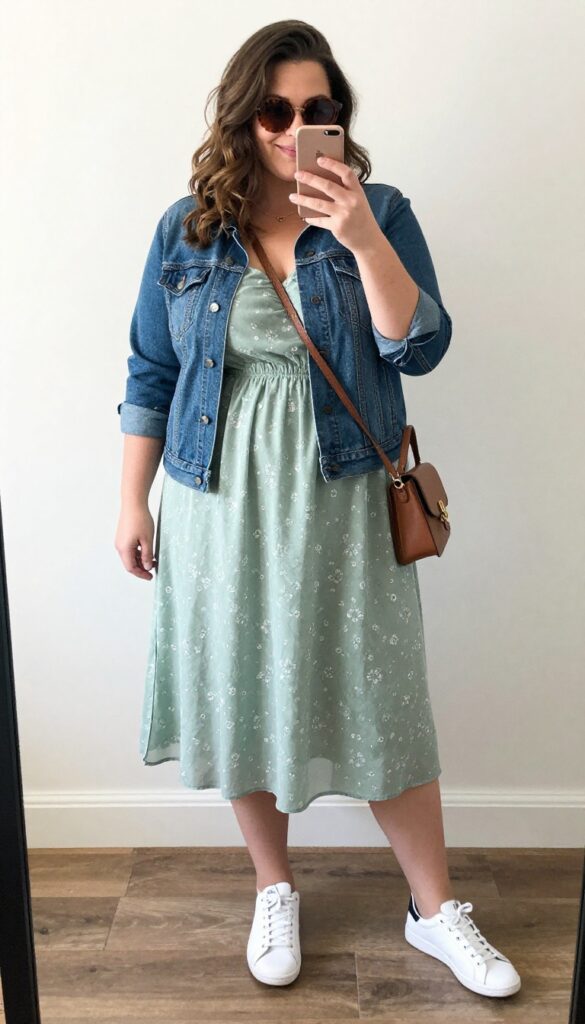 Plus-size woman in a flowy sage green midi dress, white sneakers, and denim jacket taking a mirror selfie at an airport, with a crossbody bag and sunglasses.