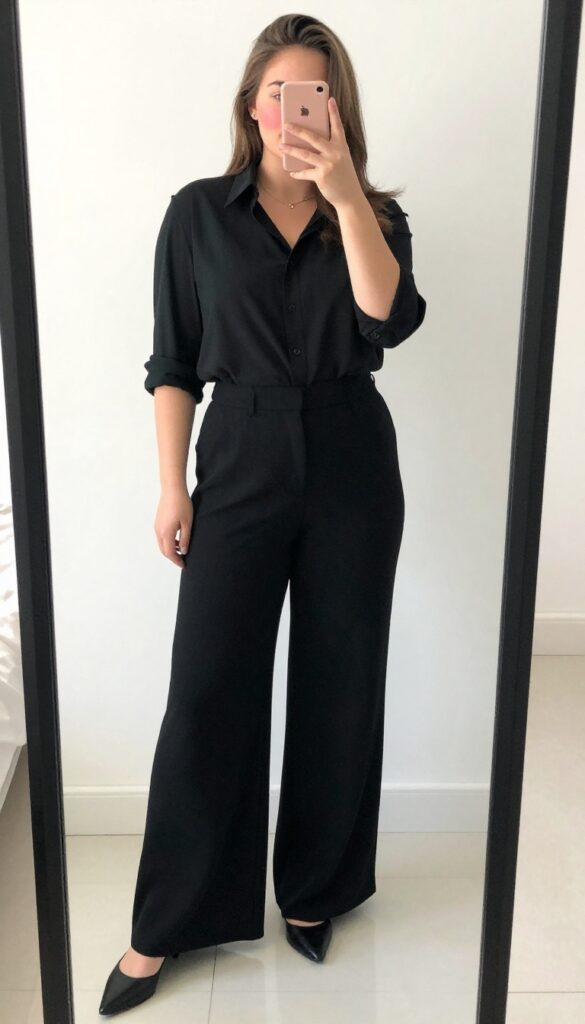 A teenage girl in a white button-down and black wide-leg trousers, holding a pastel pink soft board, wearing minimalist jewelry and black flats.