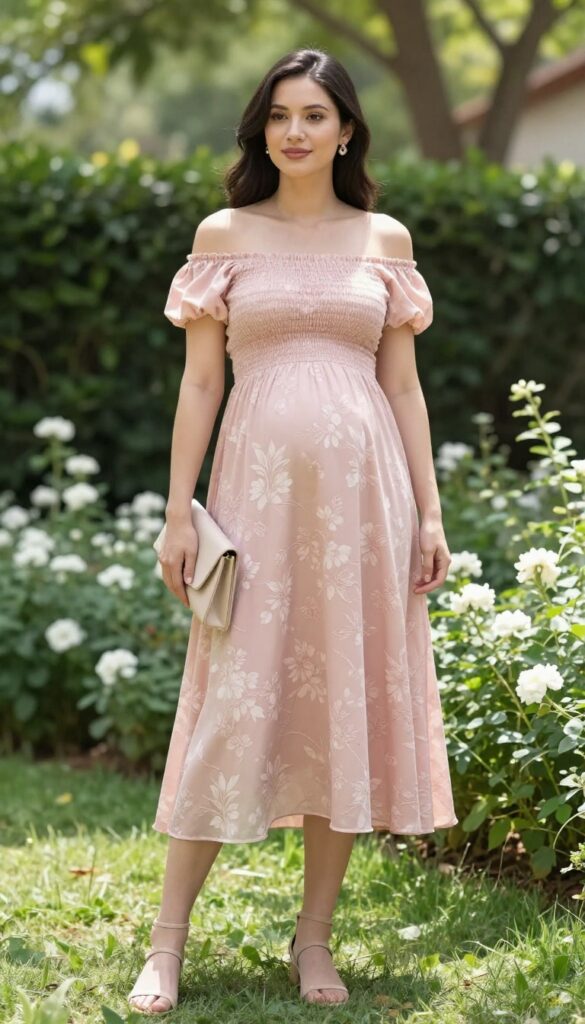 Pregnant woman in off-shoulder blush floral midi dress with nude sandals and gold earrings in garden