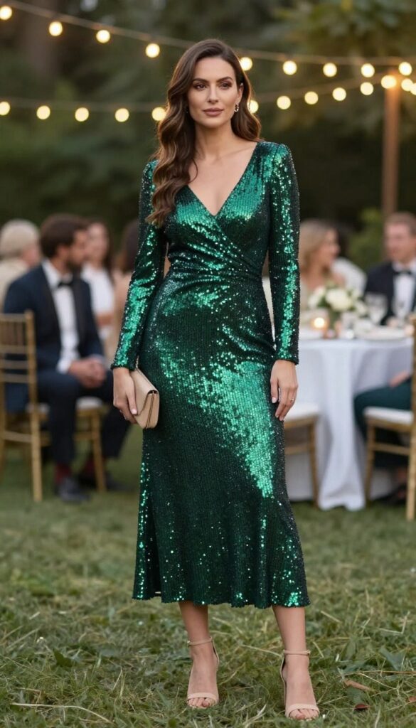 Woman in emerald sequin midi dress with nude clutch and sandals at evening wedding reception