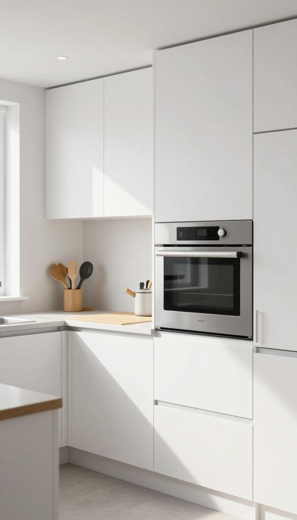 Modern kitchen with combination microwave-convection oven installed in wall cabinet