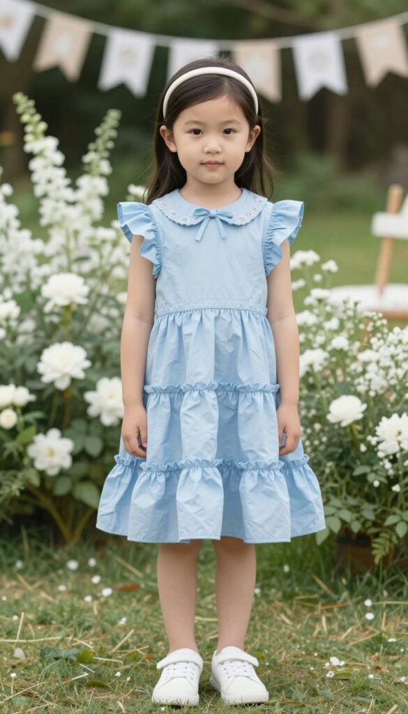 Young girl in light blue tiered ruffle dress with floral bow at collar, white sneakers, standing in sunlit garden with bunting