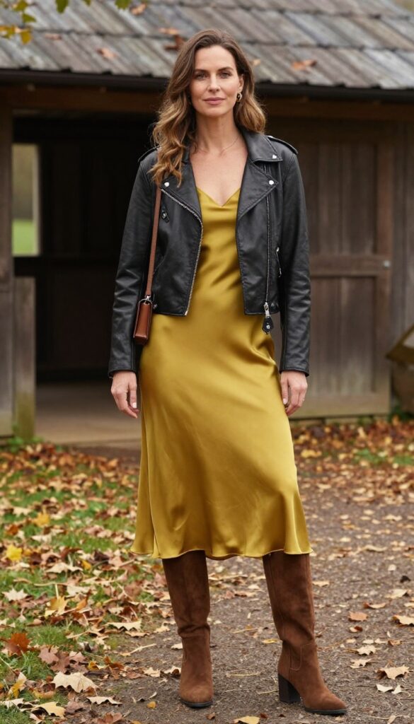 Woman in mustard yellow slip dress with black leather jacket and brown boots at rustic barn wedding