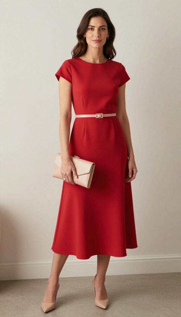 Woman in red midi dress with blush pink belt and nude clutch, standing in elegant indoor venue.