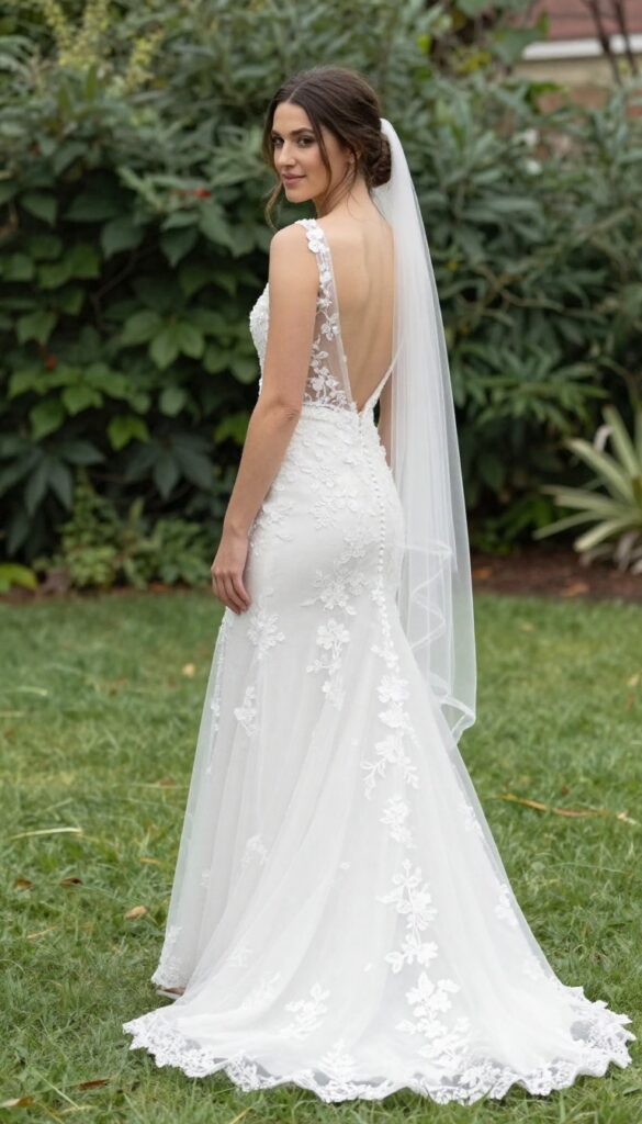Woman in illusion back wedding dress with sheer veil in garden setting