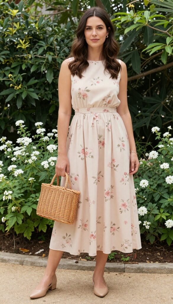 Woman in soft floral empire waist dress with nude D'Orsay flats and wicker bag in garden